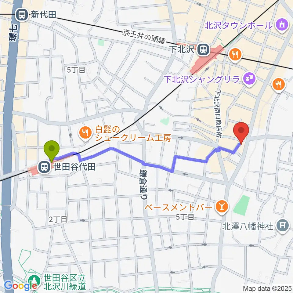 世田谷代田駅から下北沢SEED SHIPへのルートマップ地図