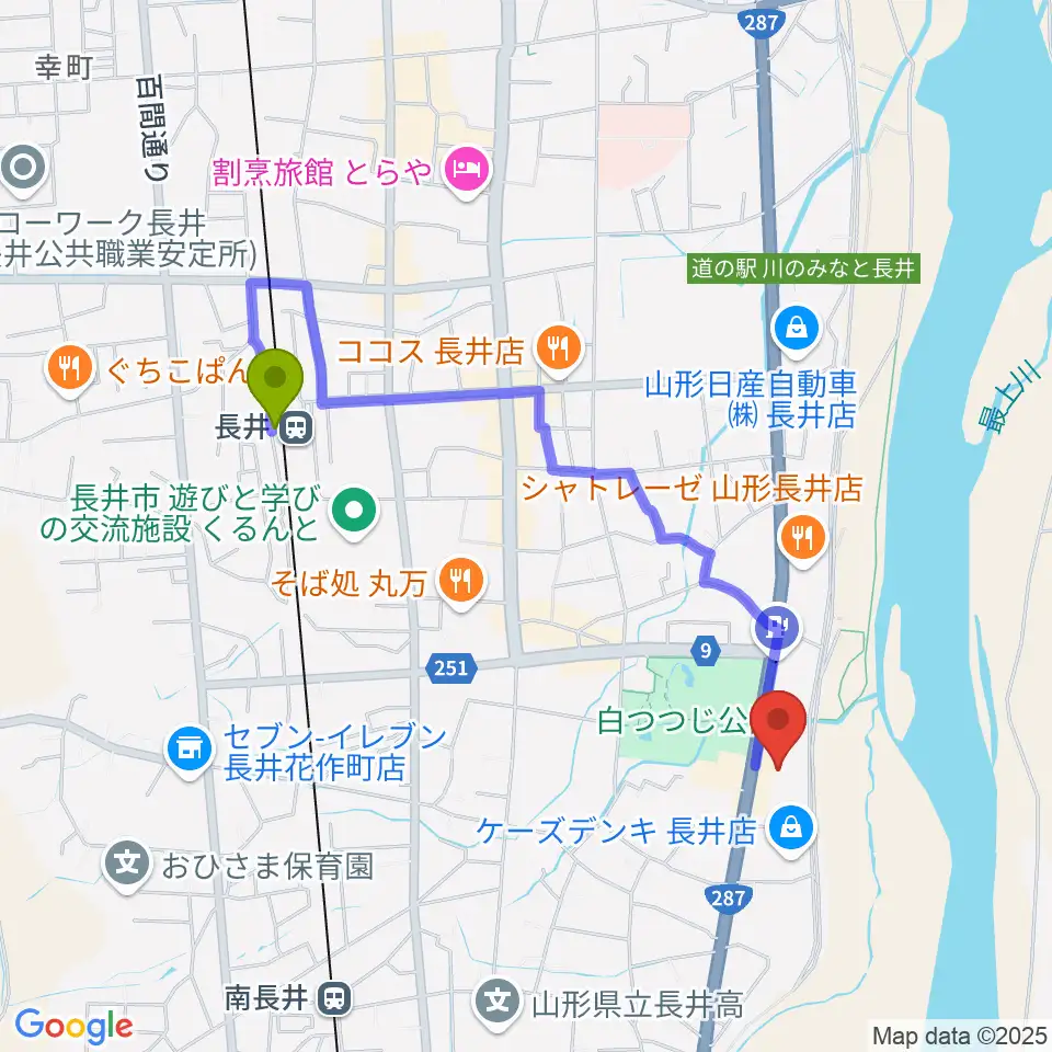 長井駅からエフエムい～じゃん おらんだラジオへのルートマップ地図