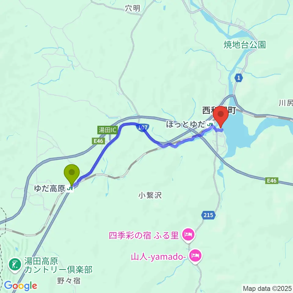 ゆだ高原駅から西和賀町文化創造館 銀河ホールへのルートマップ地図