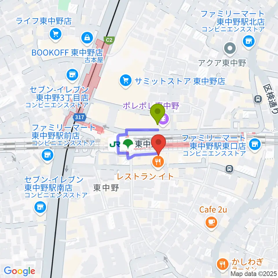 東中野music shed YES!の最寄駅東中野駅からの徒歩ルート（約1分）地図