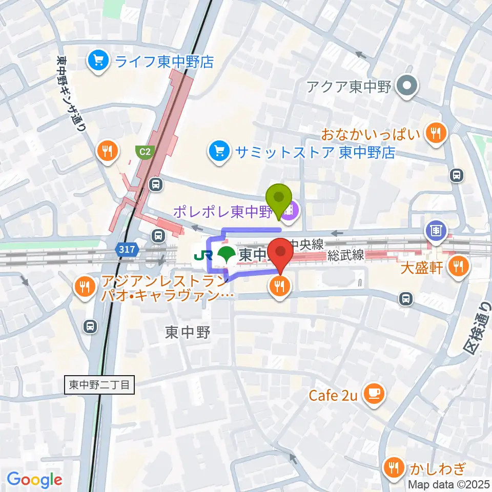 東中野music shed YES!の最寄駅東中野駅からの徒歩ルート（約1分）地図