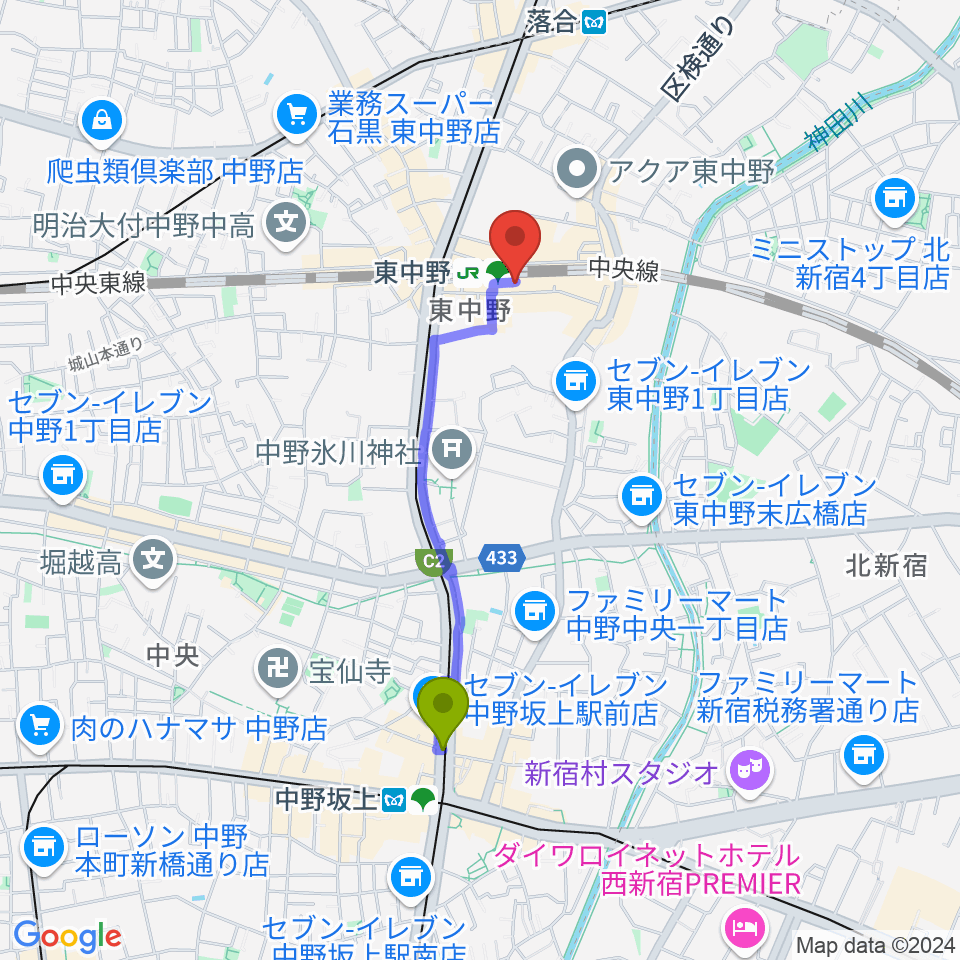 中野坂上駅から東中野music shed YES!へのルートマップ地図