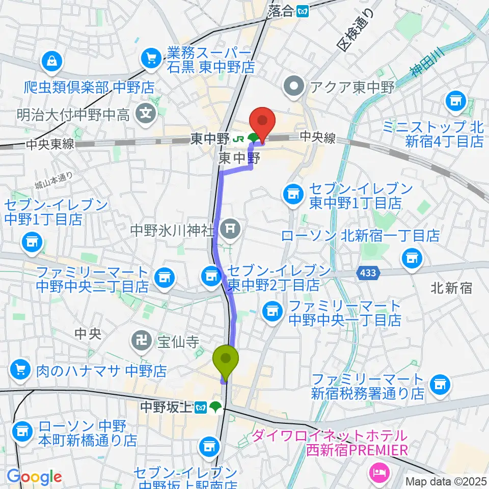 中野坂上駅から東中野music shed YES!へのルートマップ地図