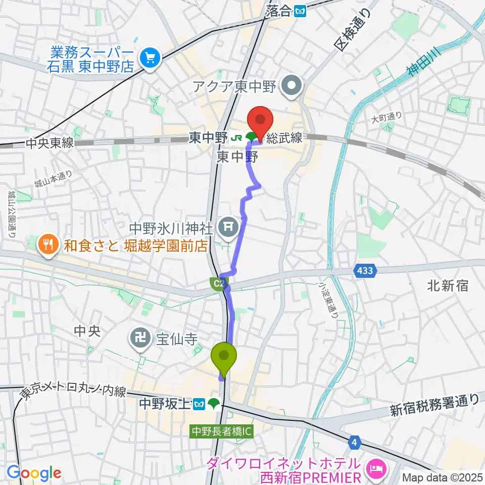 中野坂上駅から東中野music shed YES!へのルートマップ地図