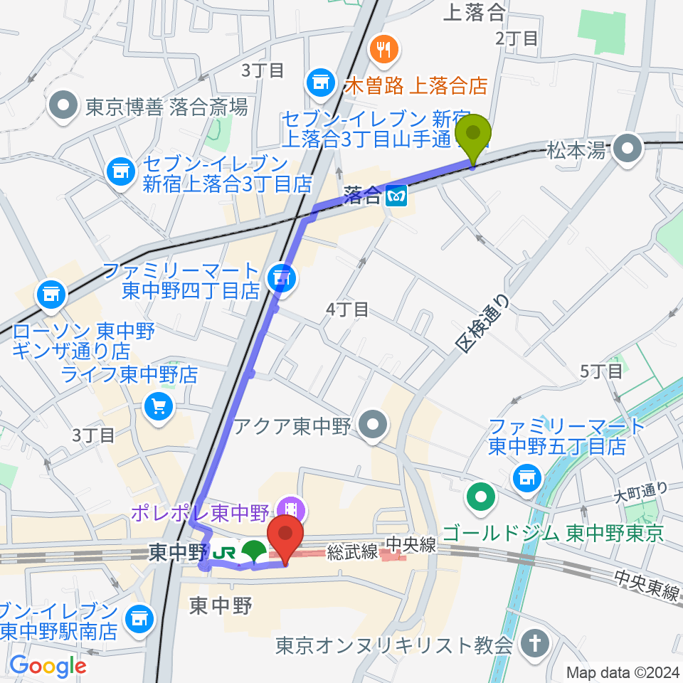 落合駅から東中野music shed YES!へのルートマップ地図