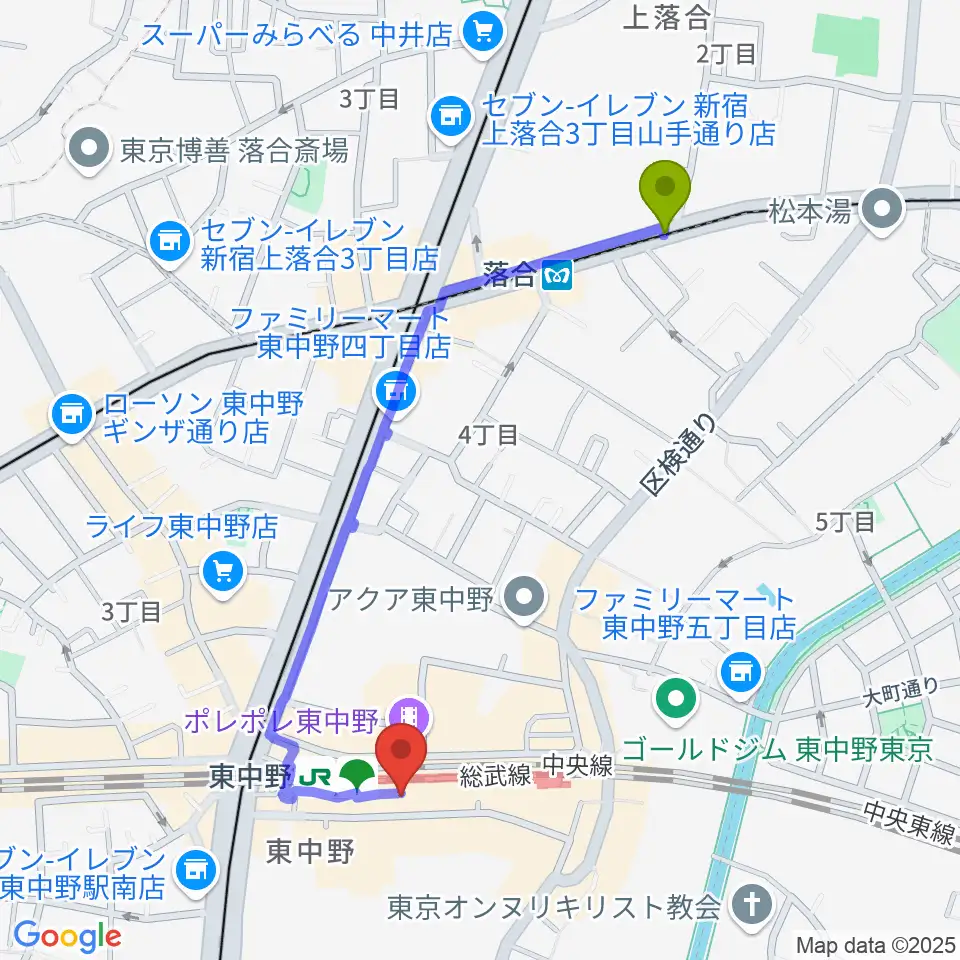 落合駅から東中野music shed YES!へのルートマップ地図