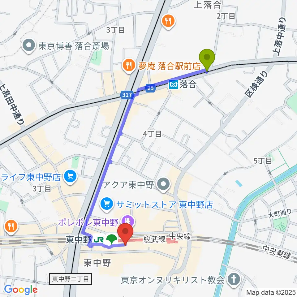 落合駅から東中野music shed YES!へのルートマップ地図