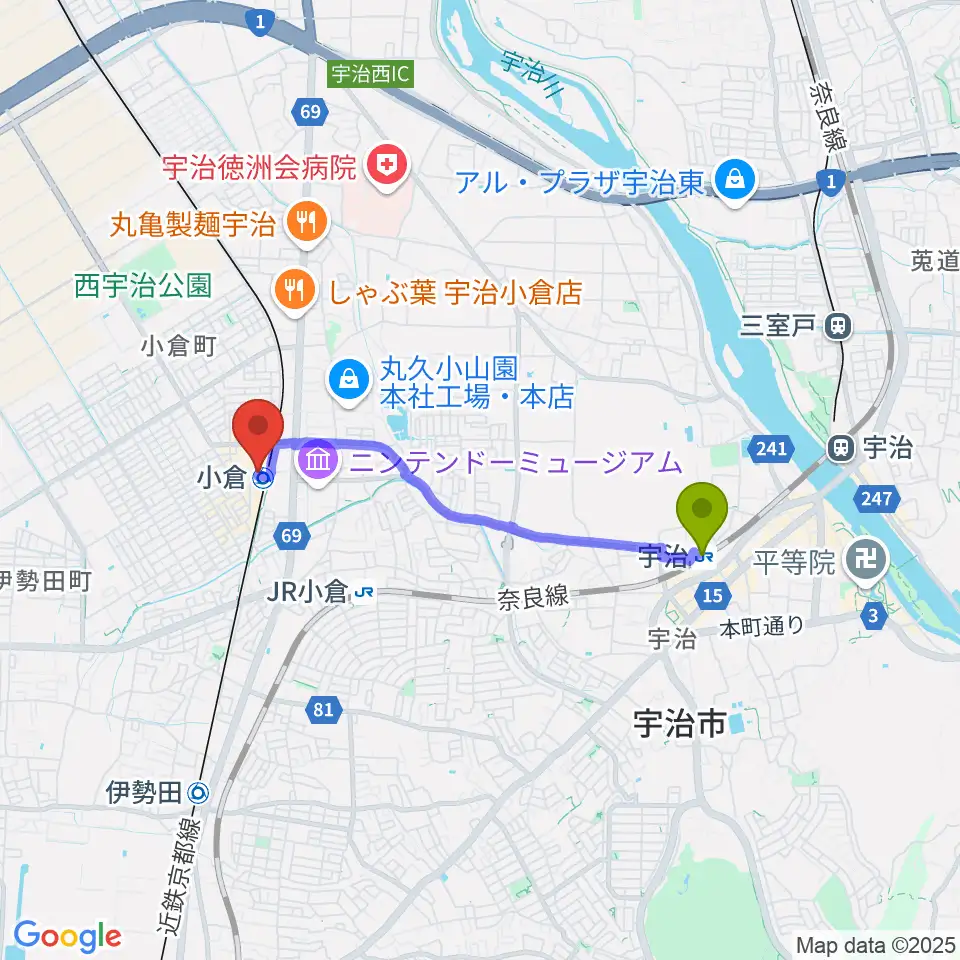 宇治駅からソウルクリエイトミュージックへのルートマップ地図