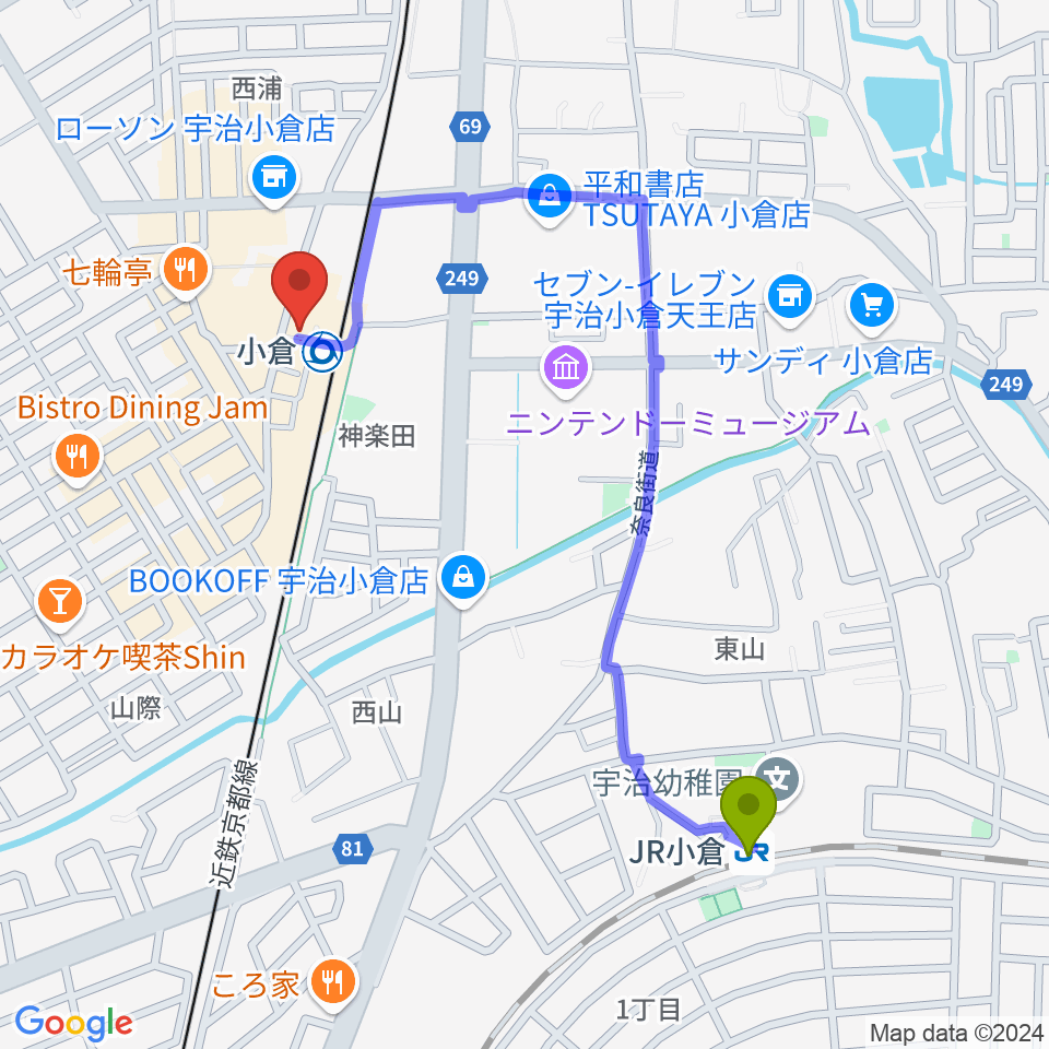 ＪＲ小倉駅からsoul create music 宇治小倉駅前教室へのルートマップ地図