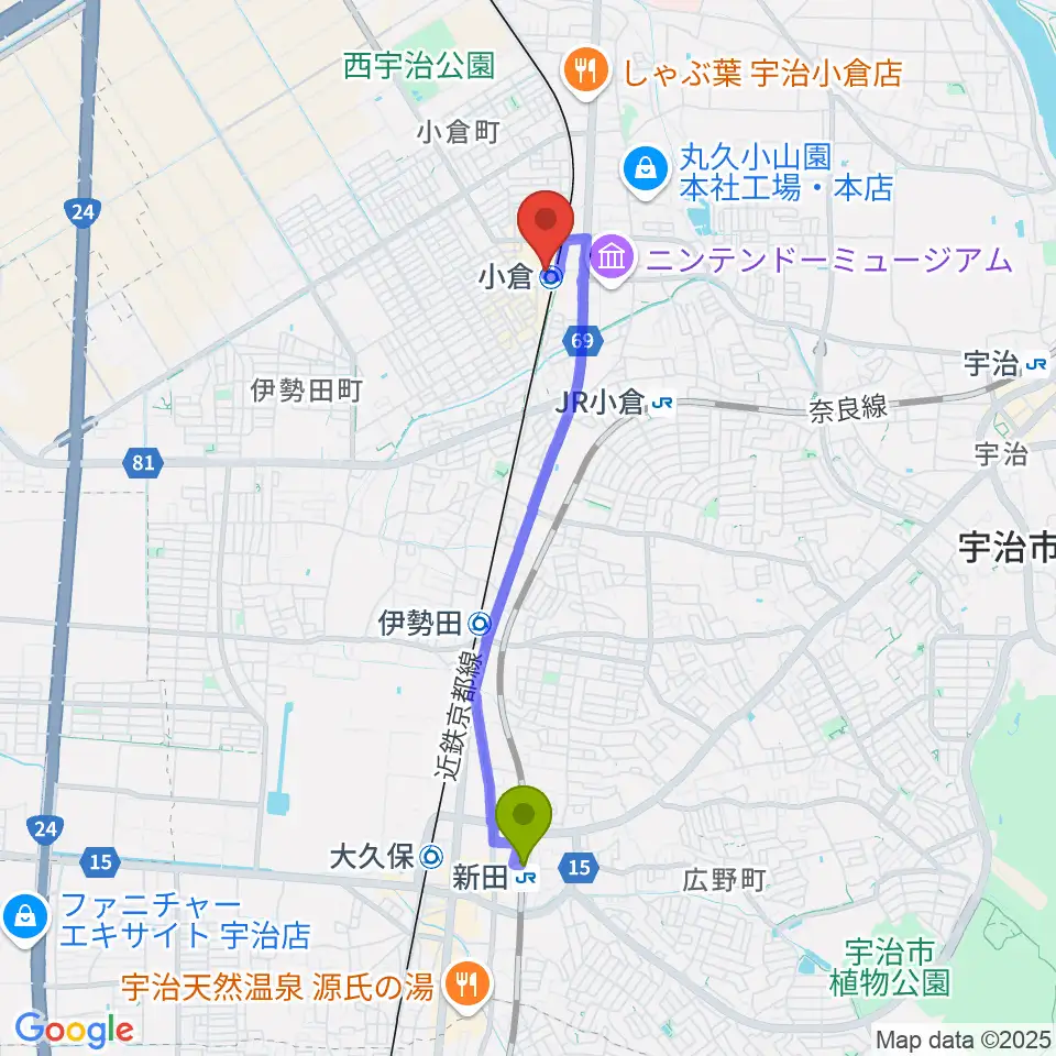 新田駅からソウルクリエイトミュージックへのルートマップ地図