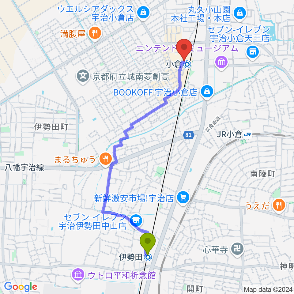 伊勢田駅からsoul create music 宇治小倉駅前教室へのルートマップ地図