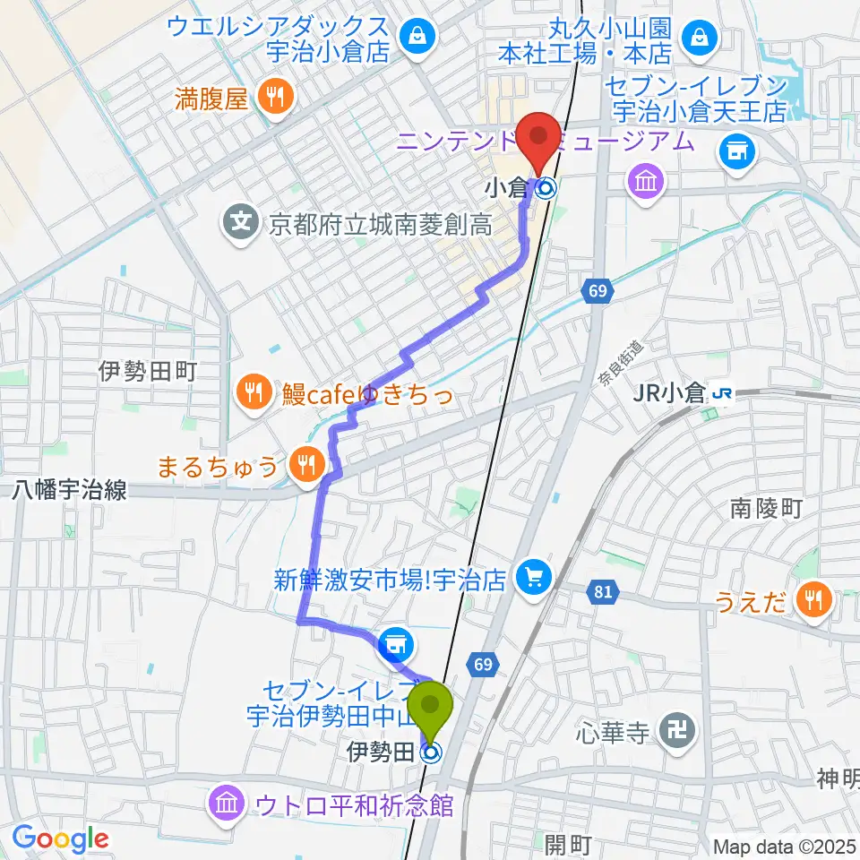 伊勢田駅からソウルクリエイトミュージックへのルートマップ地図