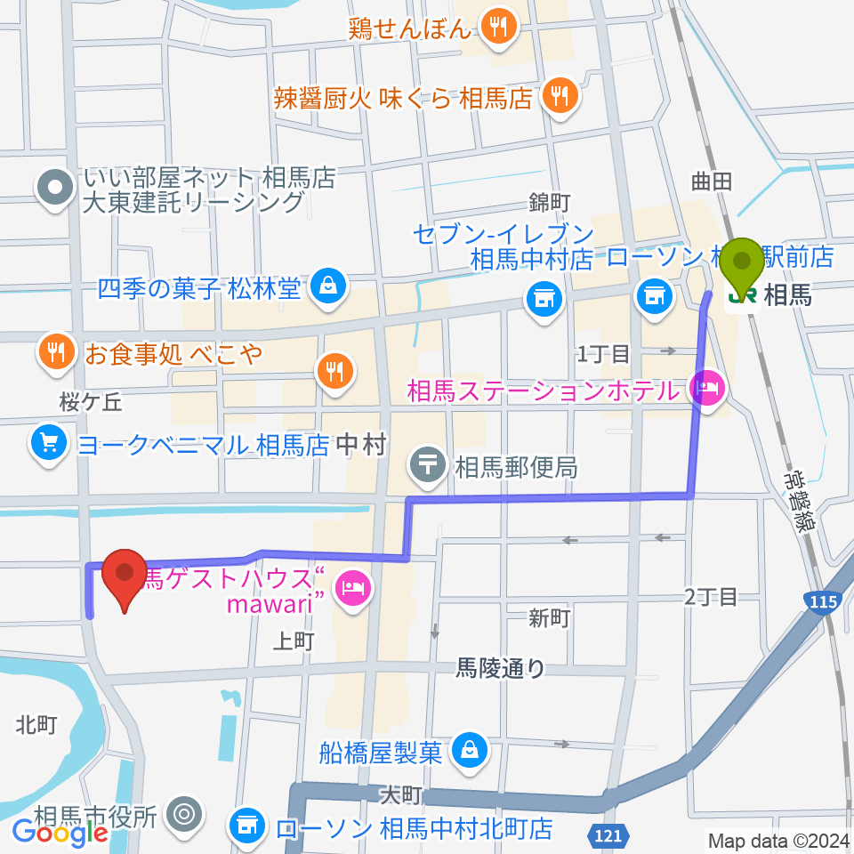 相馬市民会館の最寄駅相馬駅からの徒歩ルート（約12分）地図