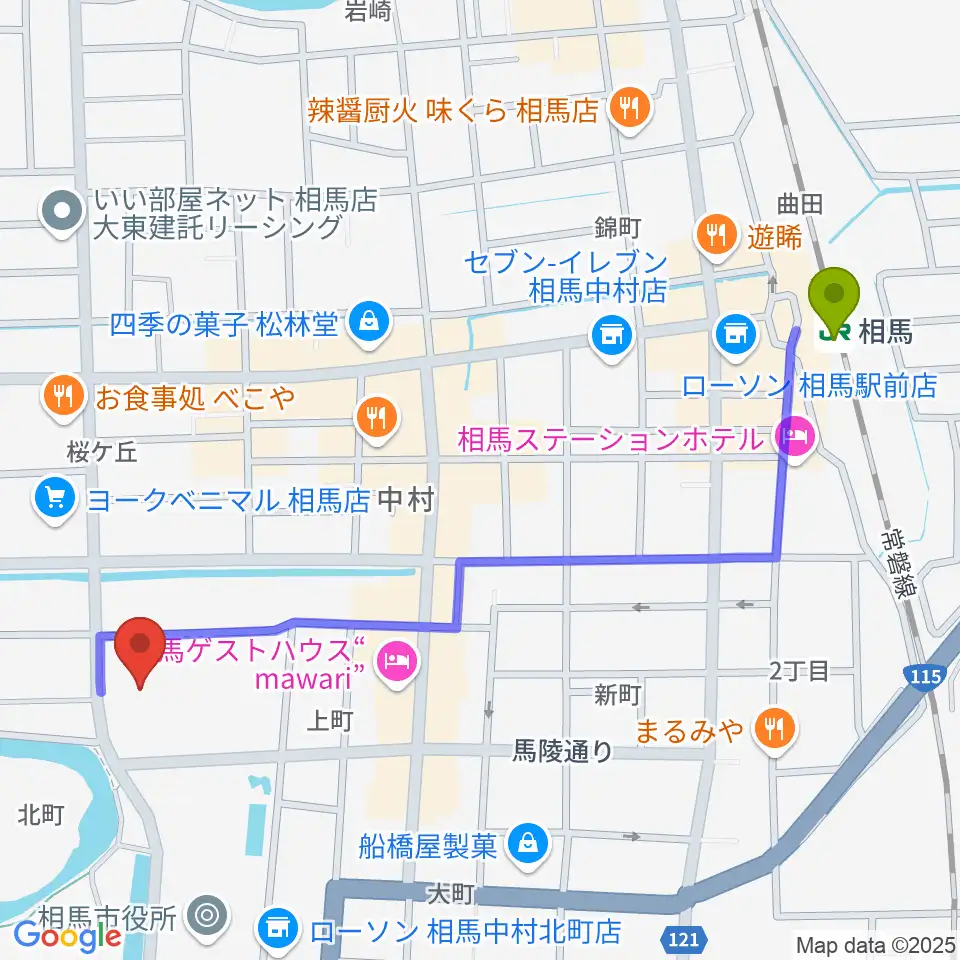 相馬市民会館の最寄駅相馬駅からの徒歩ルート（約12分）地図