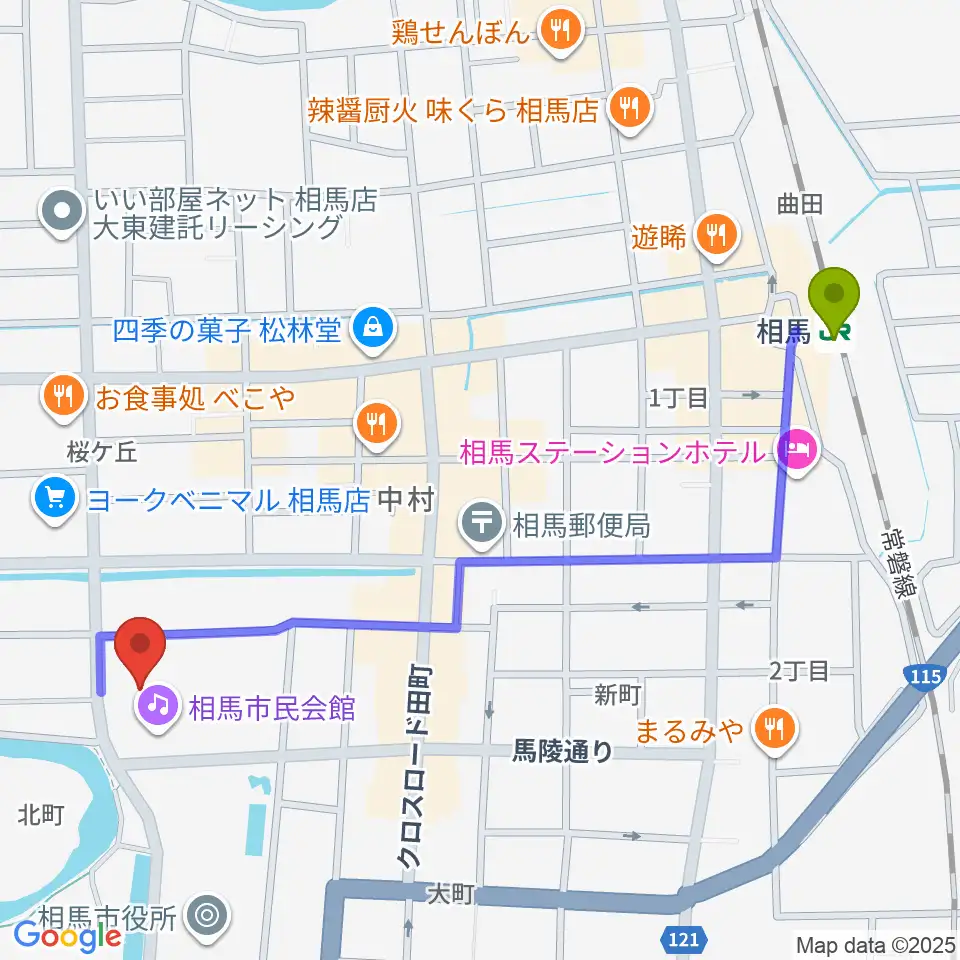 相馬市民会館の最寄駅相馬駅からの徒歩ルート（約12分）地図