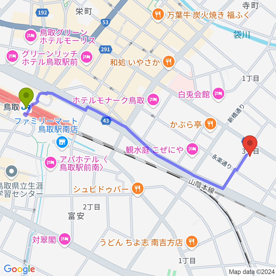 鳥取市文化ホールの最寄駅鳥取駅からの徒歩ルート（約13分）地図