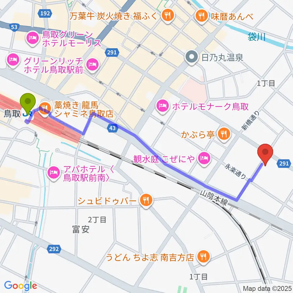 鳥取市文化ホールの最寄駅鳥取駅からの徒歩ルート（約13分）地図
