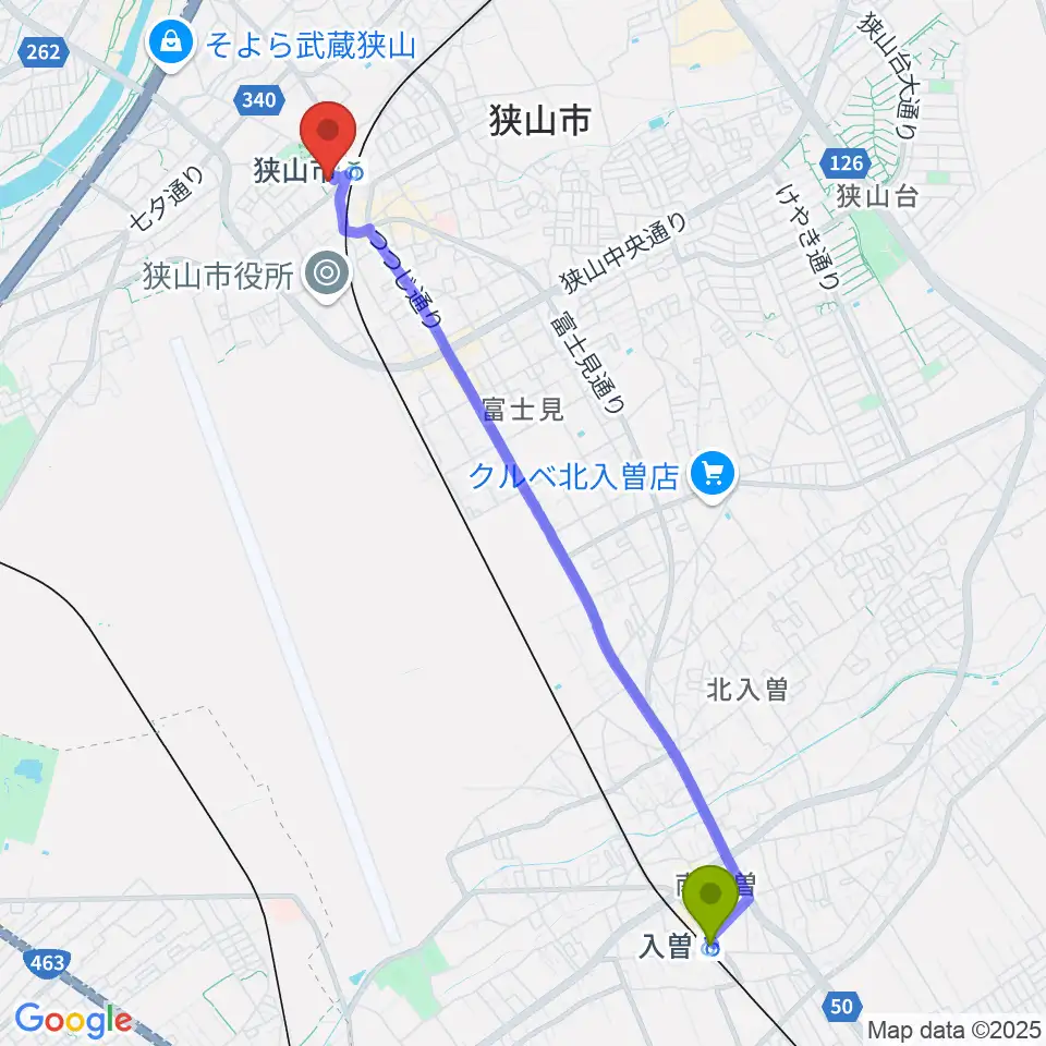 入曽駅から狭山市市民交流センターへのルートマップ地図