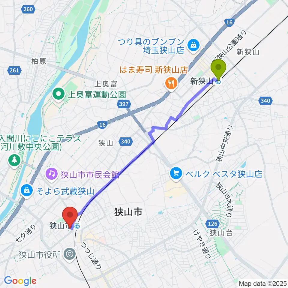 新狭山駅から狭山市市民交流センターへのルートマップ地図