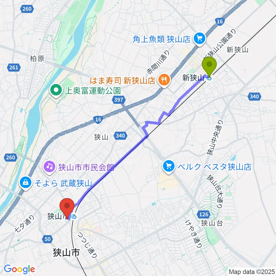 新狭山駅から狭山市市民交流センターへのルートマップ地図