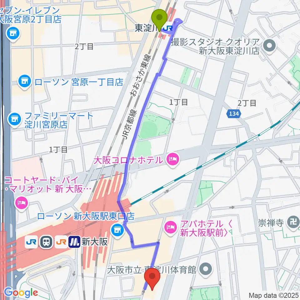 東淀川駅から大阪市立青少年センター KOKOPLAZAへのルートマップ地図