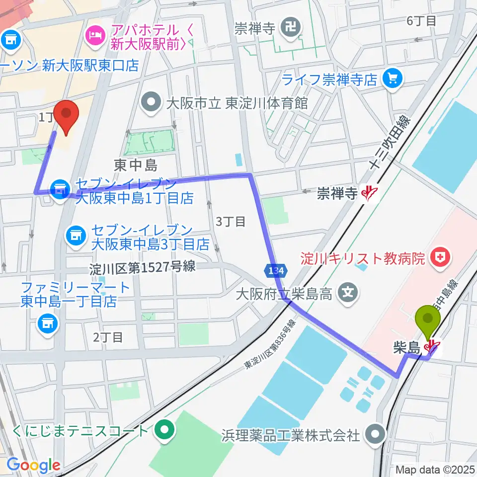 柴島駅から大阪市立青少年センター KOKOPLAZAへのルートマップ地図