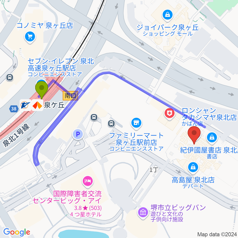 ワタナベ楽器店パンジョミュージックセンターの最寄駅泉ヶ丘駅からの徒歩ルート（約5分）地図