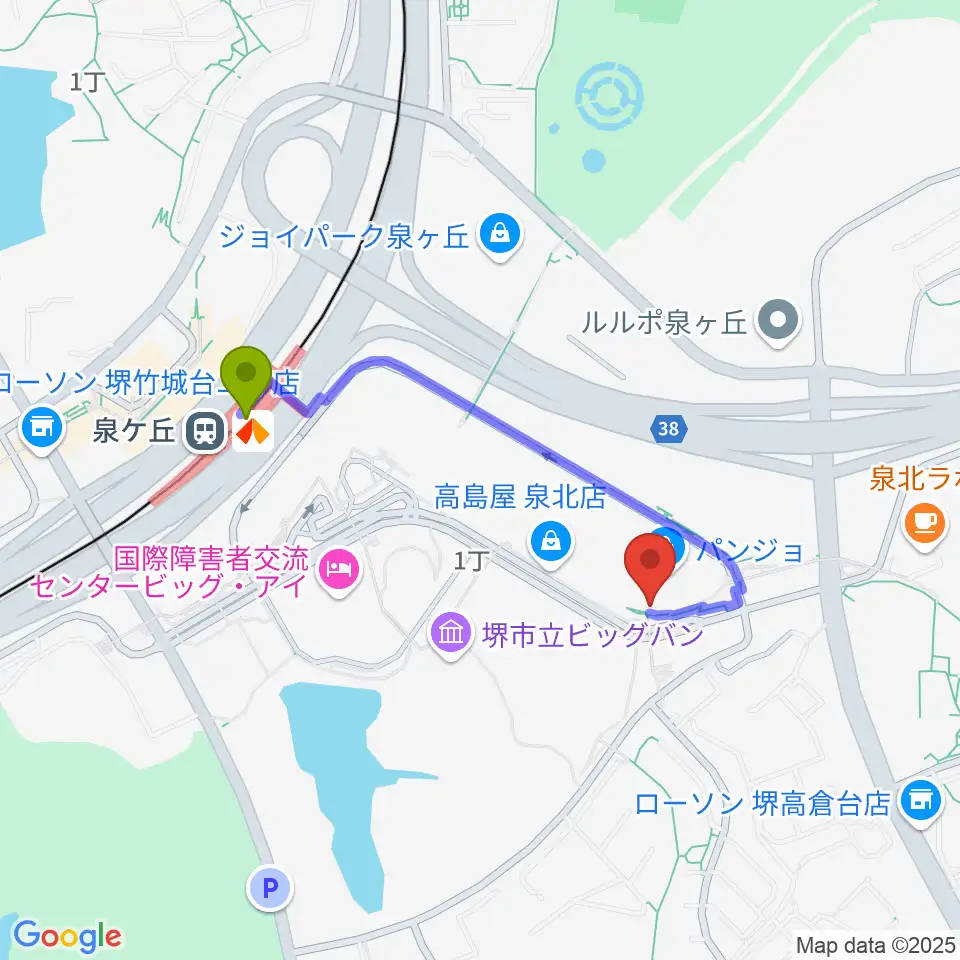 ワタナベ楽器店パンジョミュージックセンターの最寄駅泉ヶ丘駅からの徒歩ルート（約7分）地図