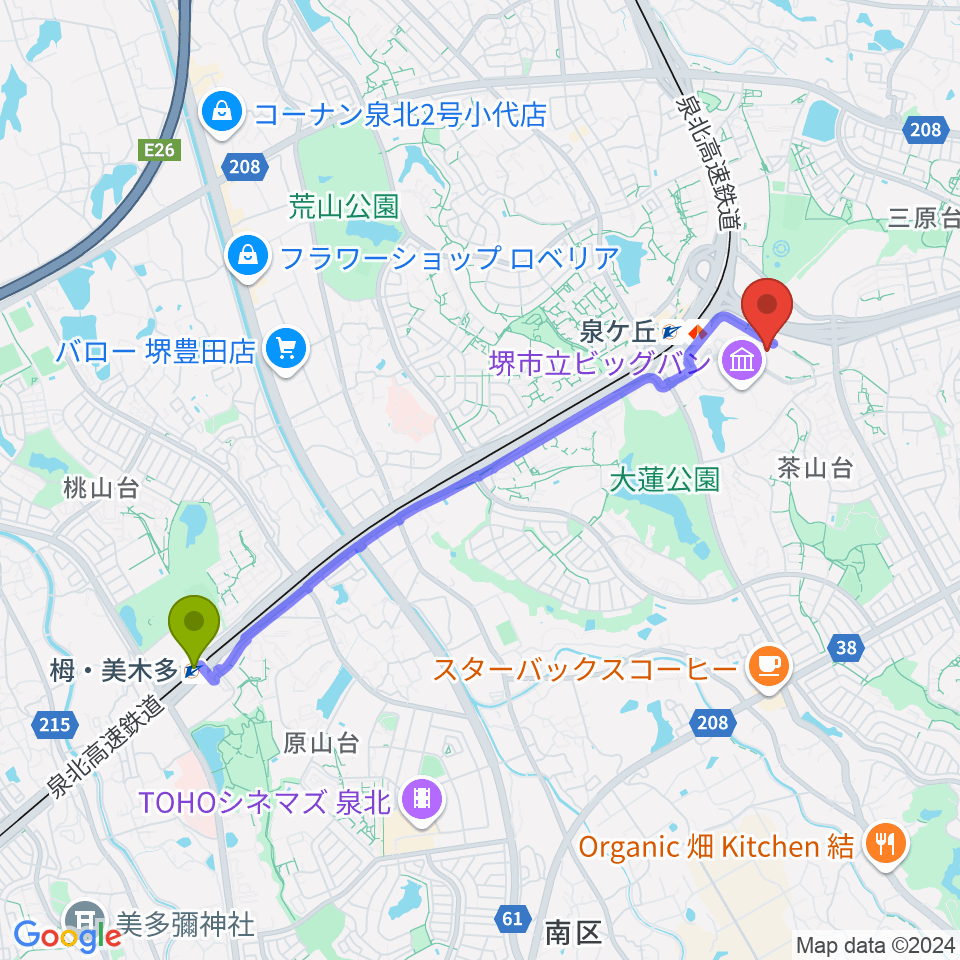 栂・美木多駅からワタナベ楽器店パンジョミュージックセンターへのルートマップ地図