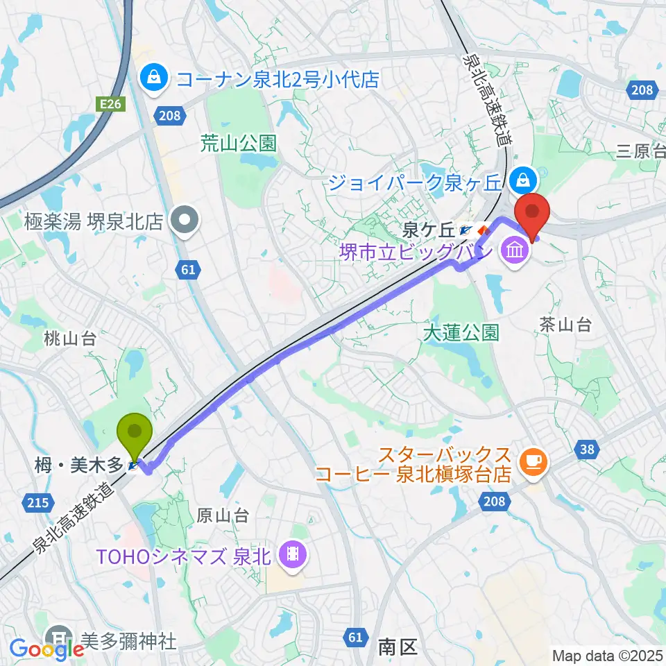 栂・美木多駅からワタナベ楽器店パンジョミュージックセンターへのルートマップ地図