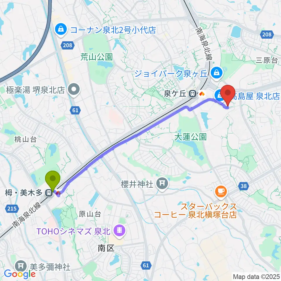 栂・美木多駅からワタナベ楽器店パンジョミュージックセンターへのルートマップ地図