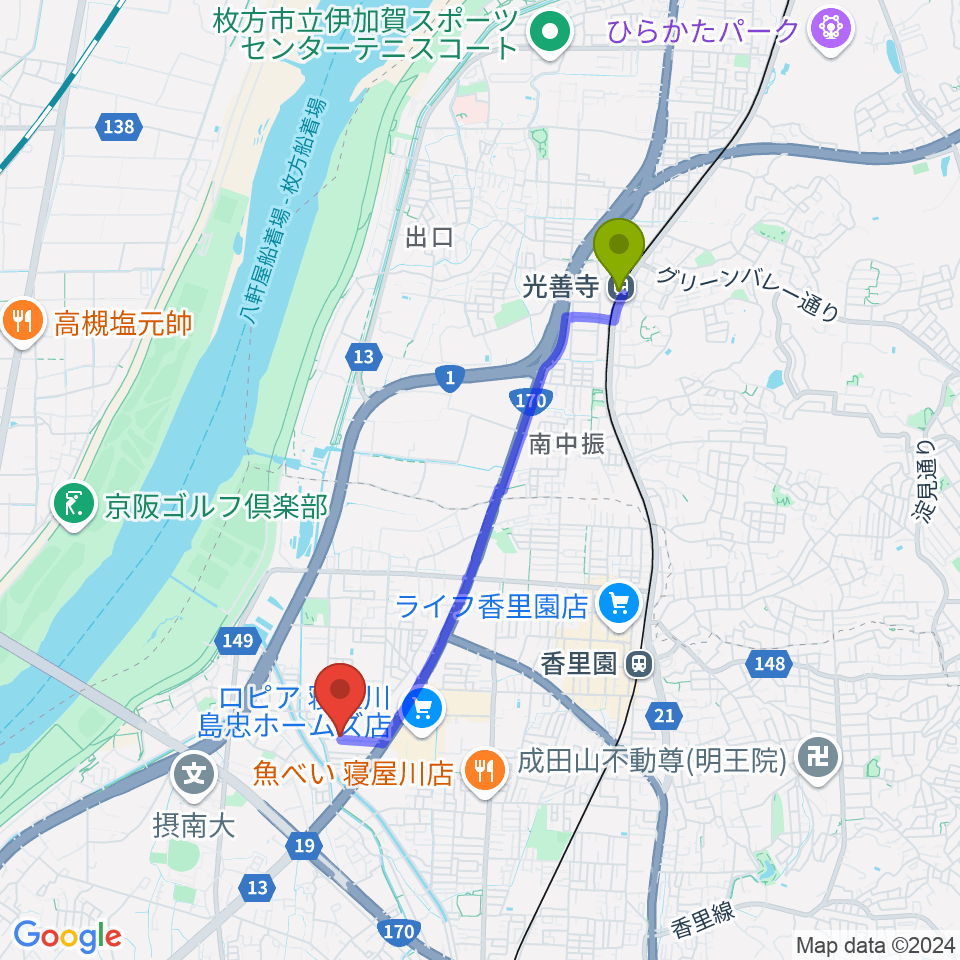 光善寺駅からRISOおんがくいんへのルートマップ地図