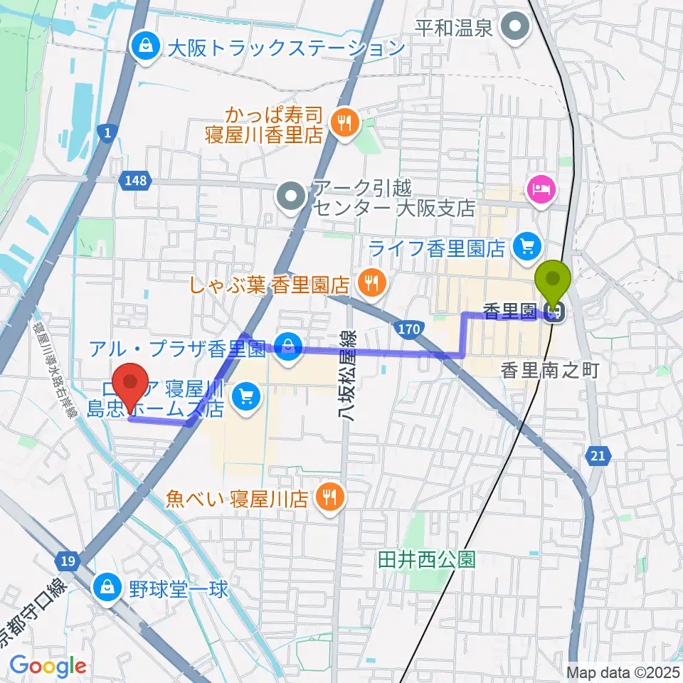 RISOおんがくいんの最寄駅香里園駅からの徒歩ルート（約20分）地図