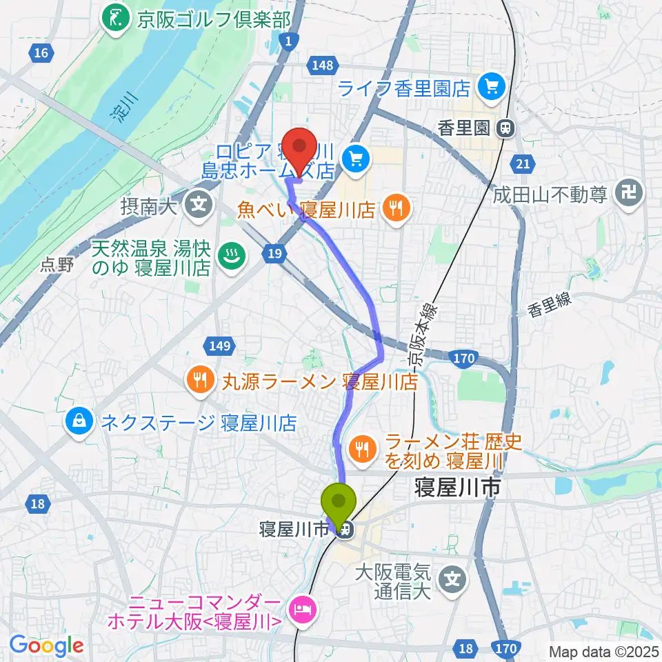 寝屋川市駅からRISOおんがくいんへのルートマップ地図