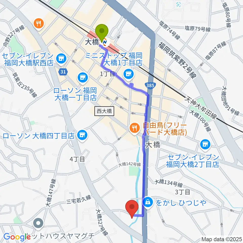 Music Creators Lab.の最寄駅大橋駅からの徒歩ルート（約12分）地図