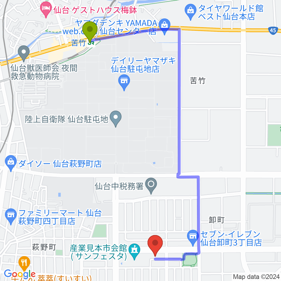 苦竹駅から能-BOXへのルートマップ地図