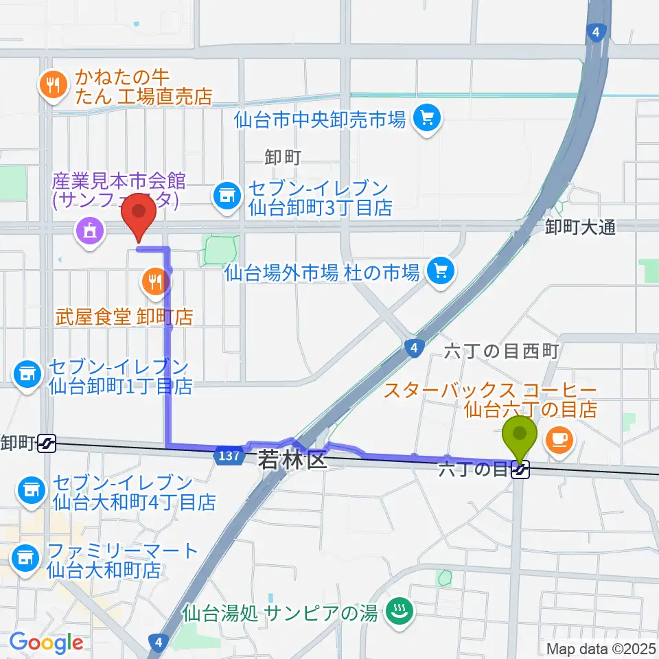 六丁の目駅から能-BOXへのルートマップ地図