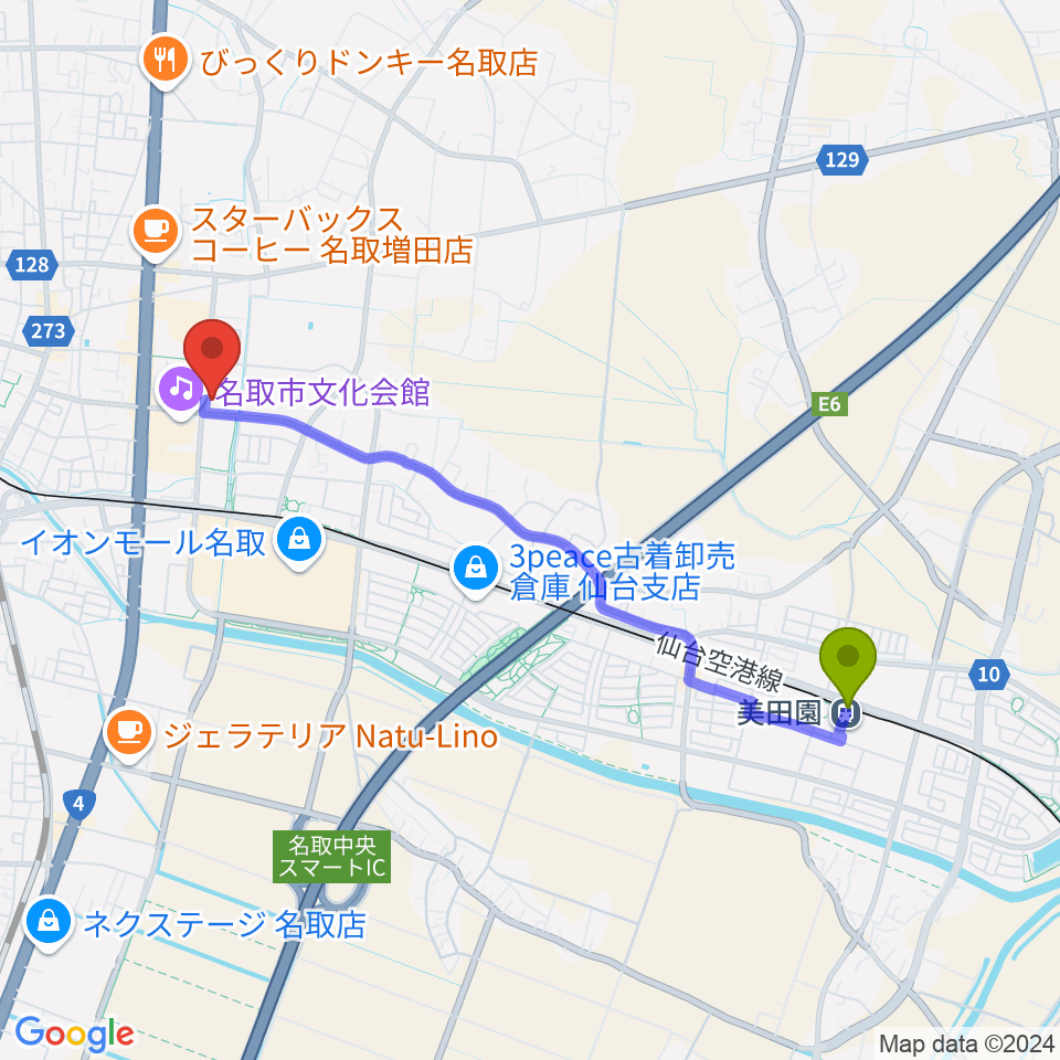 美田園駅からなとらじ801へのルートマップ地図