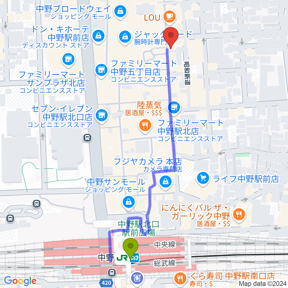 中野JET BARの最寄駅中野駅からの徒歩ルート（約6分）地図