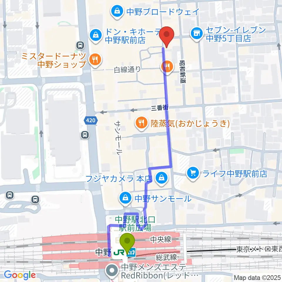 中野JET BARの最寄駅中野駅からの徒歩ルート（約6分）地図