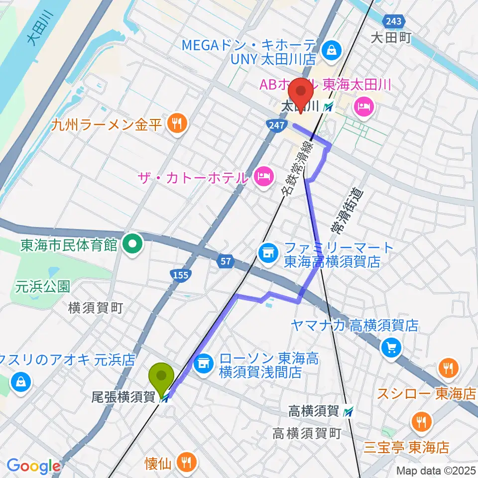 尾張横須賀駅から東海市芸術劇場へのルートマップ地図