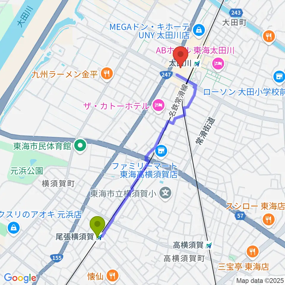 尾張横須賀駅から東海市芸術劇場へのルートマップ地図