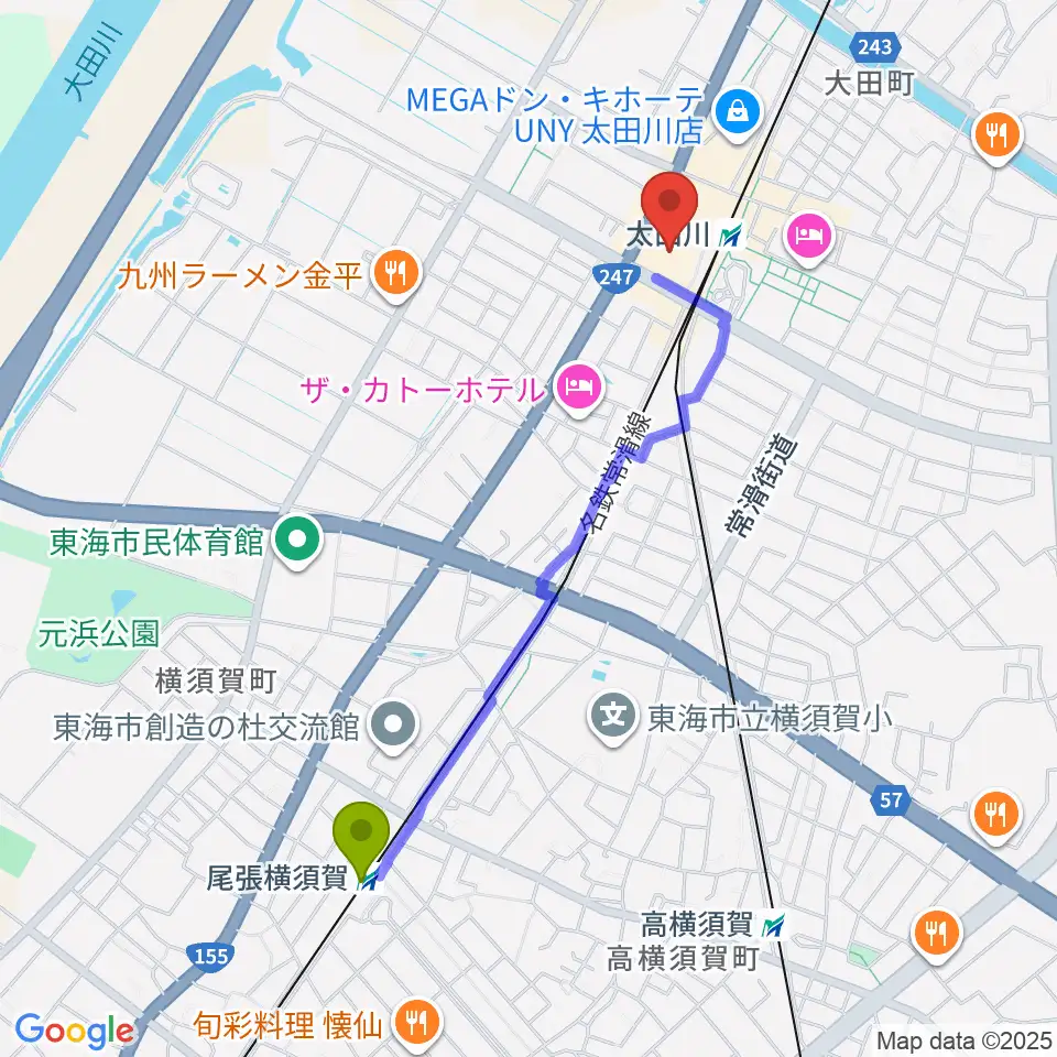 尾張横須賀駅から東海市芸術劇場へのルートマップ地図