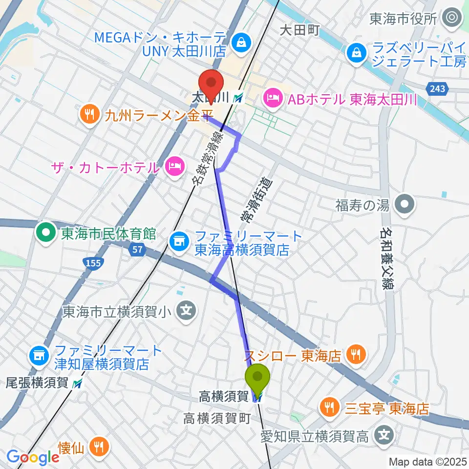 高横須賀駅から東海市芸術劇場へのルートマップ地図