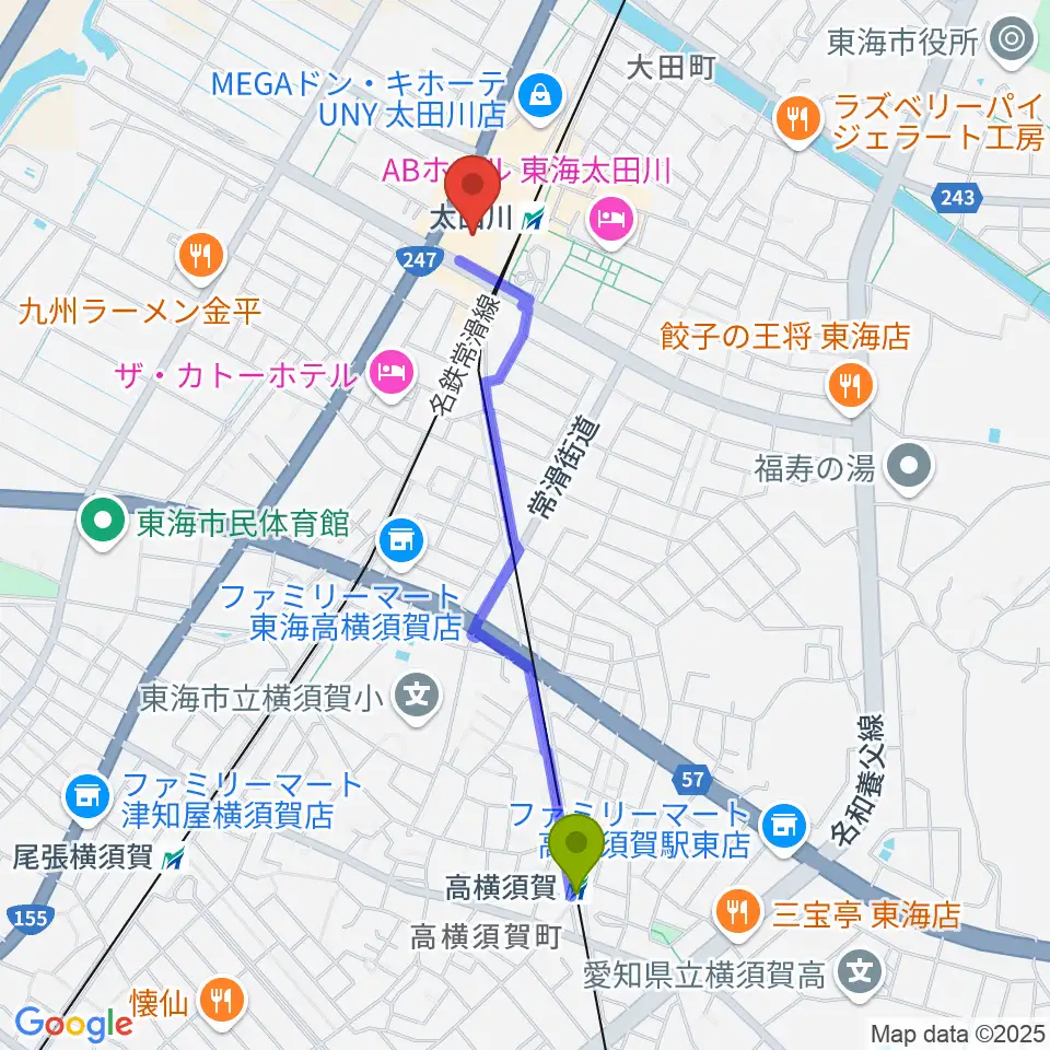 高横須賀駅から東海市芸術劇場へのルートマップ地図