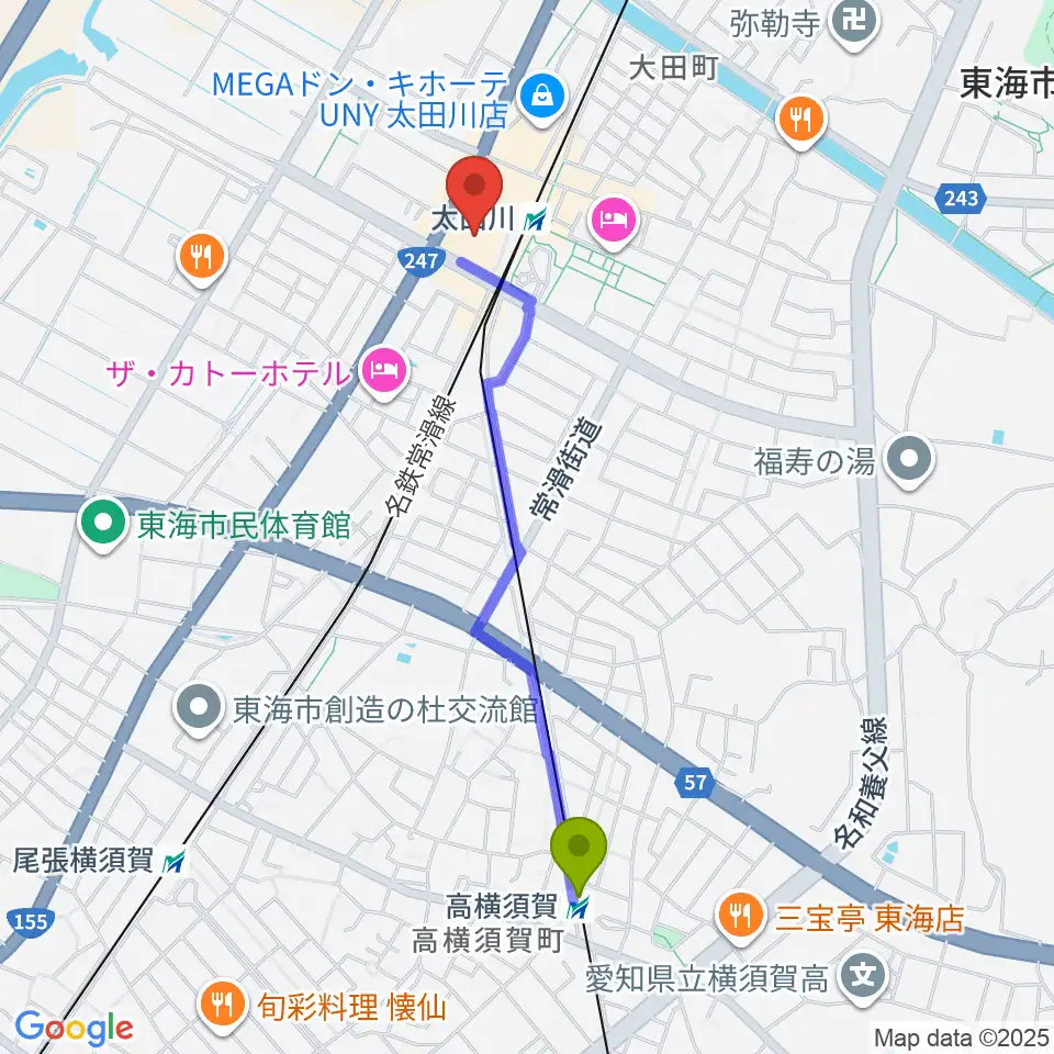 高横須賀駅から東海市芸術劇場へのルートマップ地図