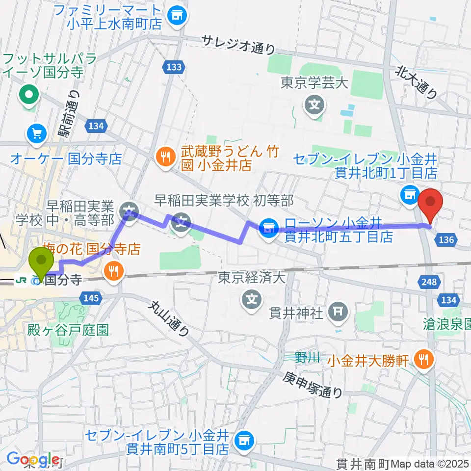 国分寺駅からきたまちセンターへのルートマップ地図