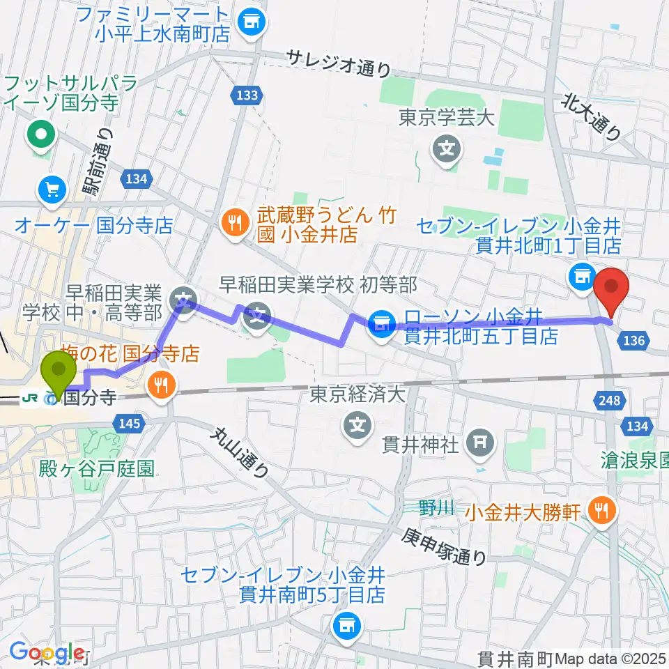 国分寺駅からきたまちセンターへのルートマップ地図
