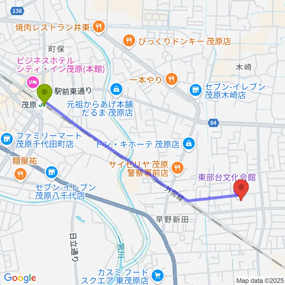 東部台文化会館の最寄駅茂原駅からの徒歩ルート（約24分）地図