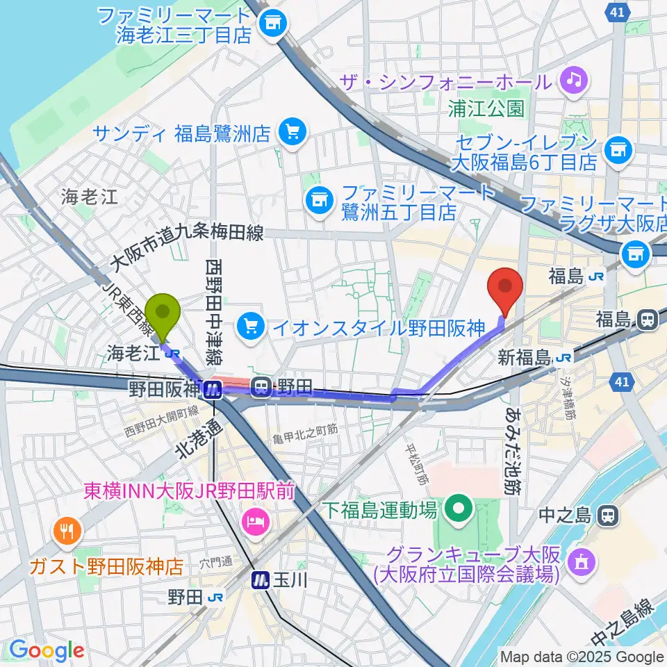 海老江駅からTHIRD STONE福島店へのルートマップ地図
